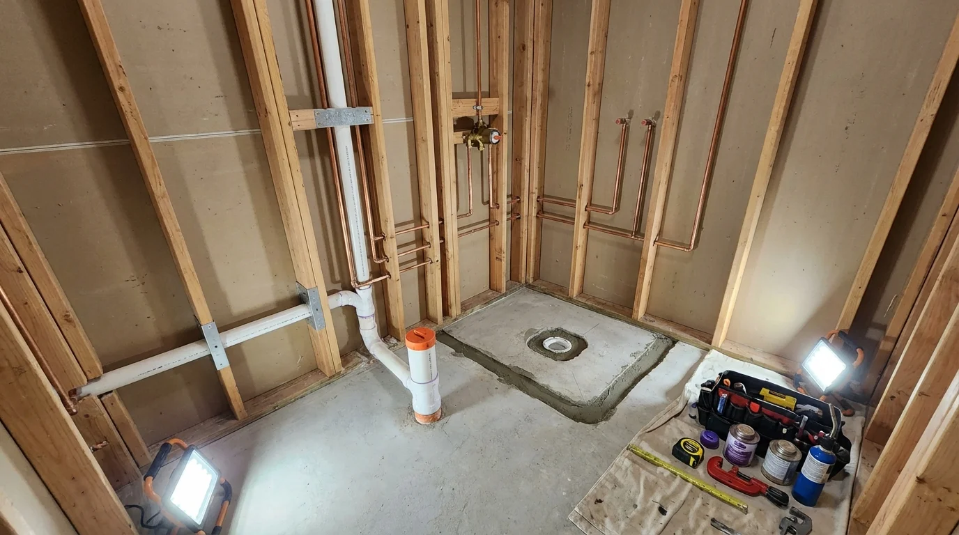 Bathroom rough-in plumbing during remodel by Johns Plumbing LLC in Haverhill
