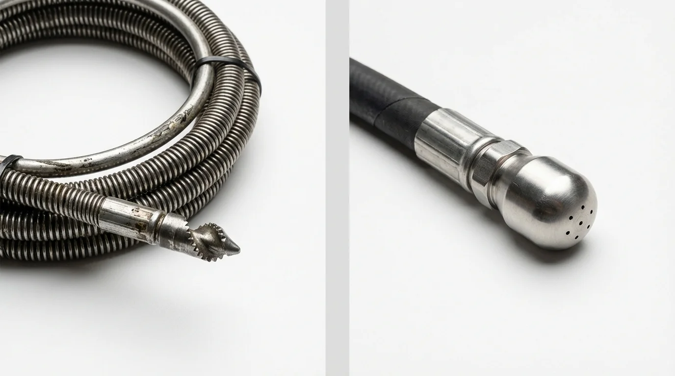 Drain snake cable and hydro jetting nozzle used for drain cleaning in Haverhill, NH