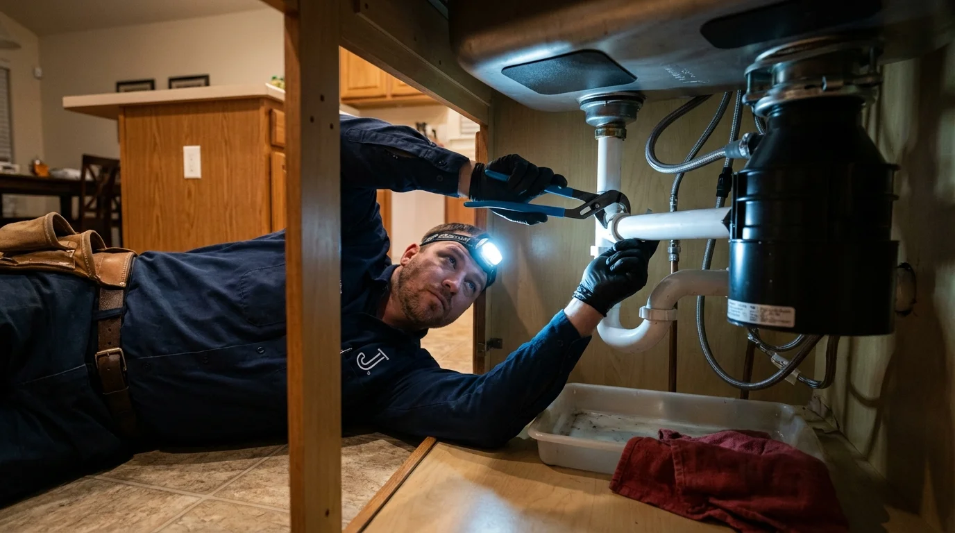 P-trap and supply line connections under a kitchen sink showing a common leak point in Haverhill, NH